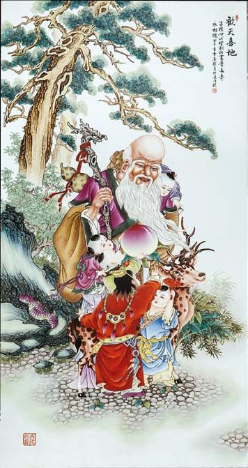 粉彩童子瓷板畫