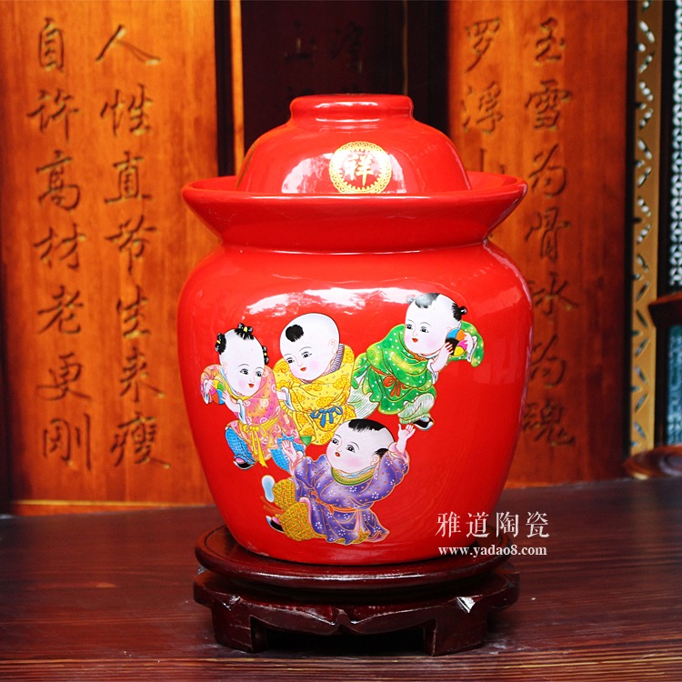 紅色陶瓷泡菜壇子-童子鬧春
