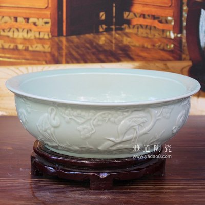 景德鎮青釉陶瓷拌菜盆松鶴延年