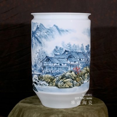 王斌手繪山水書畫筒花瓶 江山多嬌