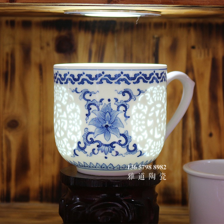 福祿壽禧手繪青花玲瓏高檔泡茶杯
