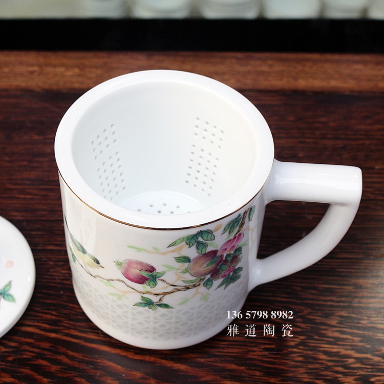 景德鎮手繪笑口常開玲瓏高檔帶蓋泡茶杯